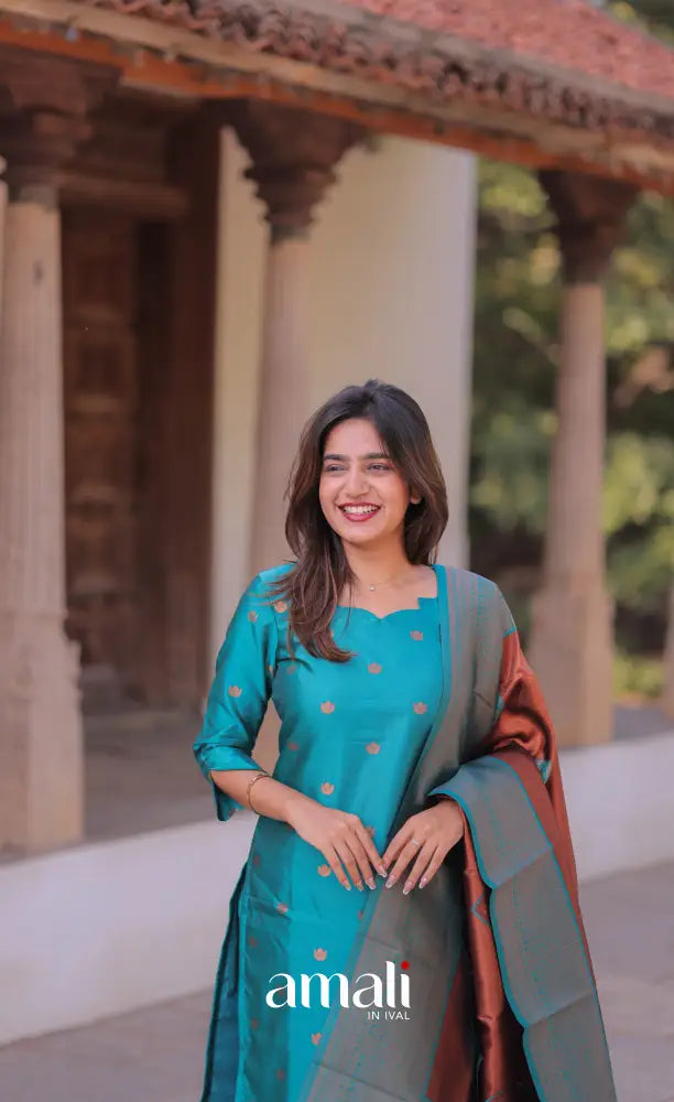 Sanvi Blended Silk Salwar - Teal Blue and Copper Brown salwar