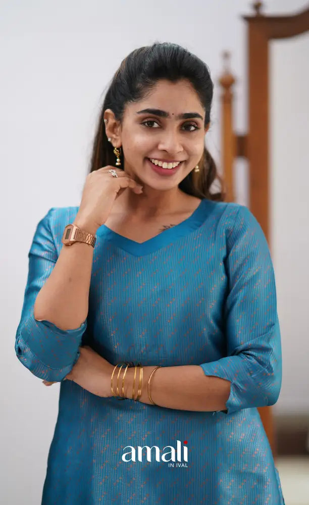 Sanvi - Blue and Orange Semi Kanchipuram Silk Salwar salwar