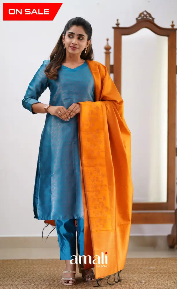 Sanvi - Blue and Orange Semi Kanchipuram Silk Salwar salwar