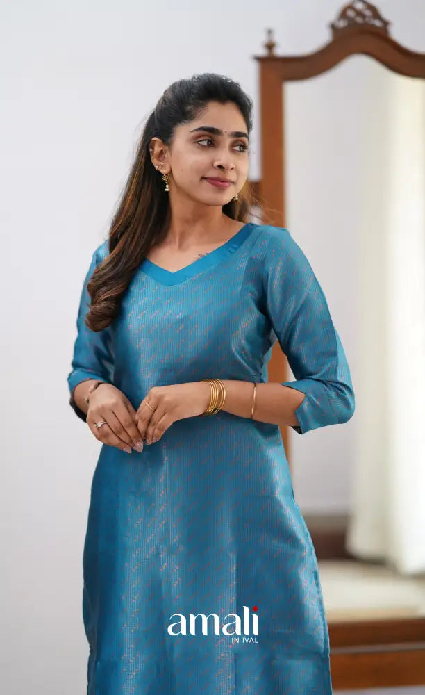 Sanvi - Blue and Orange Semi Kanchipuram Silk Salwar salwar