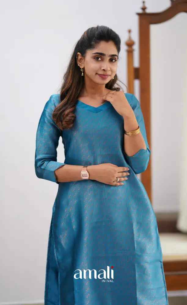 Sanvi - Blue and Orange Semi Kanchipuram Silk Salwar salwar