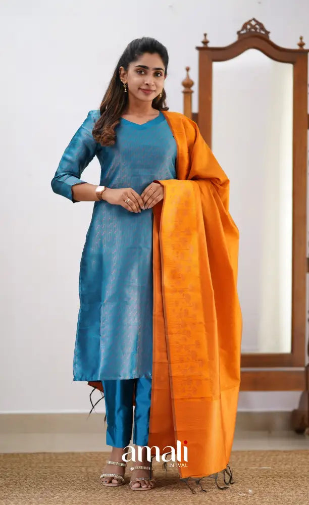 Sanvi - Blue and Orange Semi Kanchipuram Silk Salwar salwar
