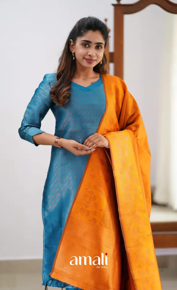 Sanvi - Blue and Orange Semi Kanchipuram Silk Salwar salwar