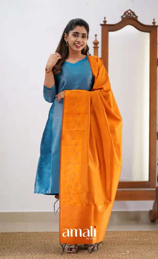 Sanvi - Blue and Orange Semi Kanchipuram Silk Salwar salwar