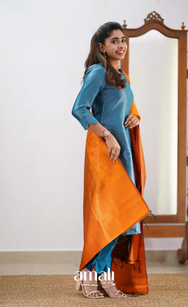 Sanvi - Blue and Orange Semi Kanchipuram Silk Salwar salwar