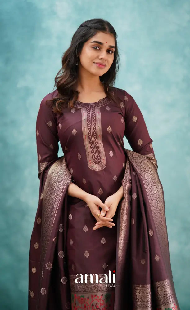 Sanvi - Coffee Brown Blended Paithani Silk Salwar salwar