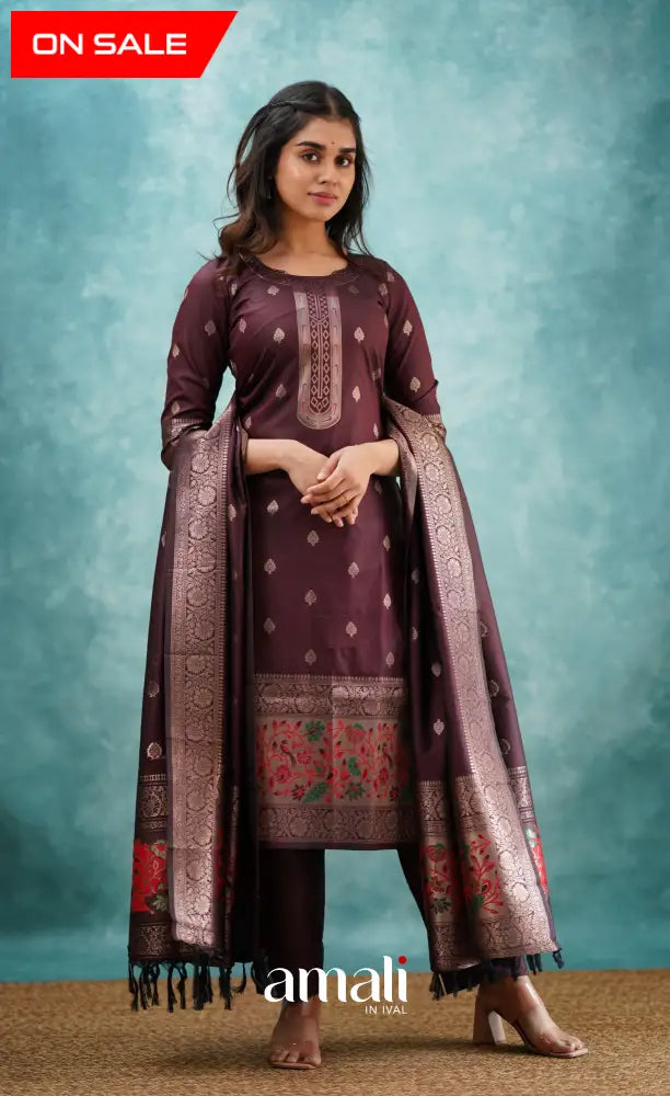Sanvi - Coffee Brown Blended Paithani Silk Salwar salwar