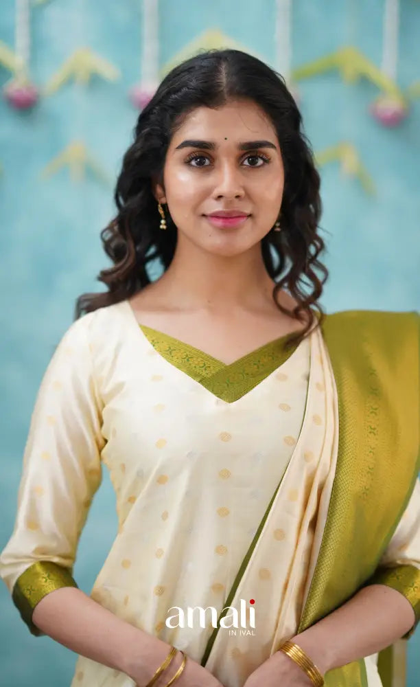 Sanvi - Cream and Green Blended Silk Salwar salwar