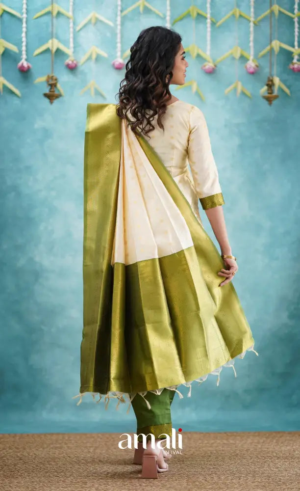 Sanvi - Cream and Green Blended Silk Salwar salwar