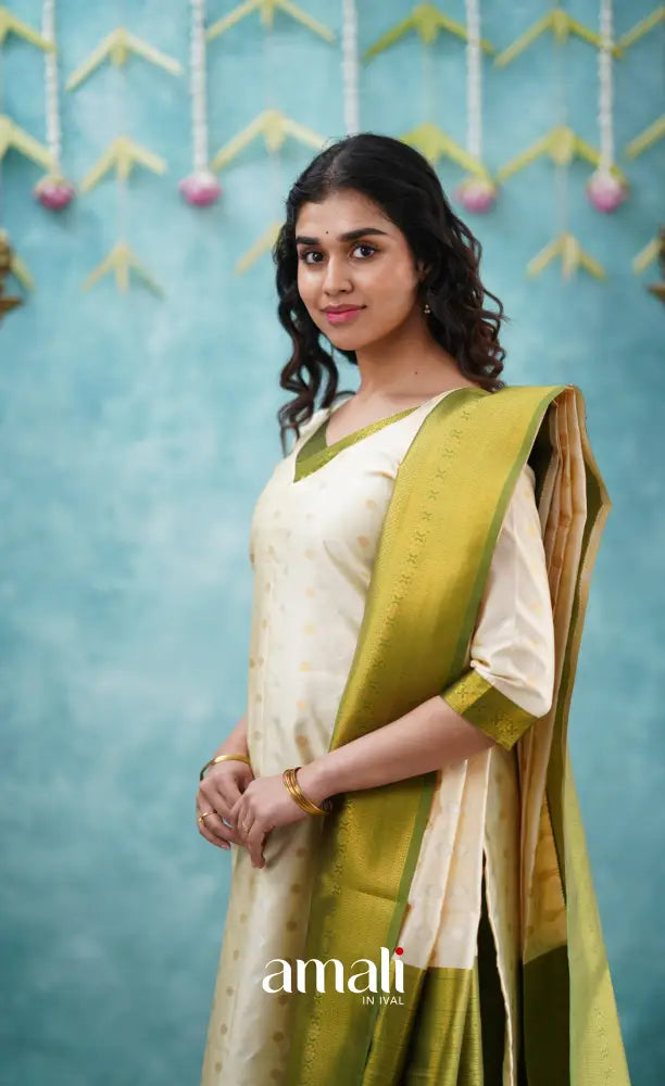 Sanvi - Cream and Green Blended Silk Salwar salwar