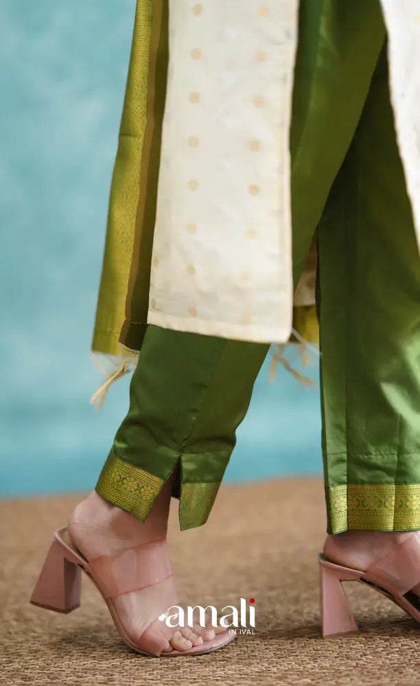 Sanvi - Cream and Green Blended Silk Salwar salwar