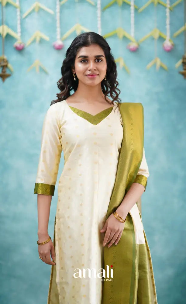 Sanvi - Cream and Green Blended Silk Salwar salwar