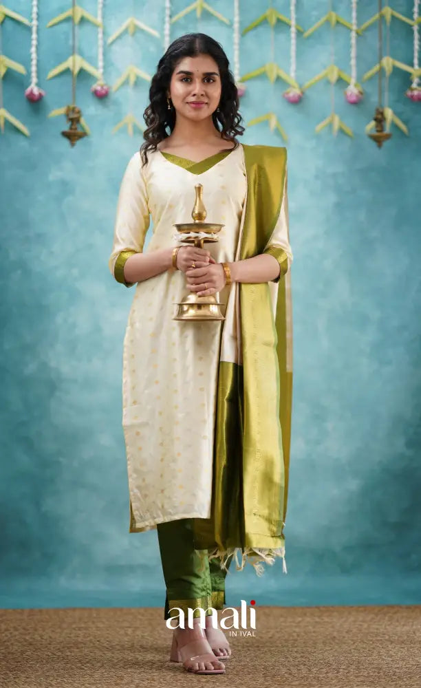 Sanvi - Cream and Green Blended Silk Salwar salwar