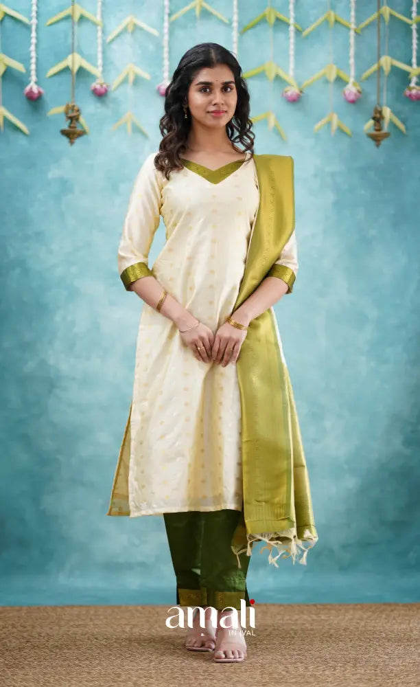 Sanvi - Cream and Green Blended Silk Salwar salwar