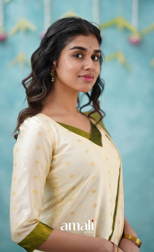 Sanvi - Cream and Green Blended Silk Salwar salwar