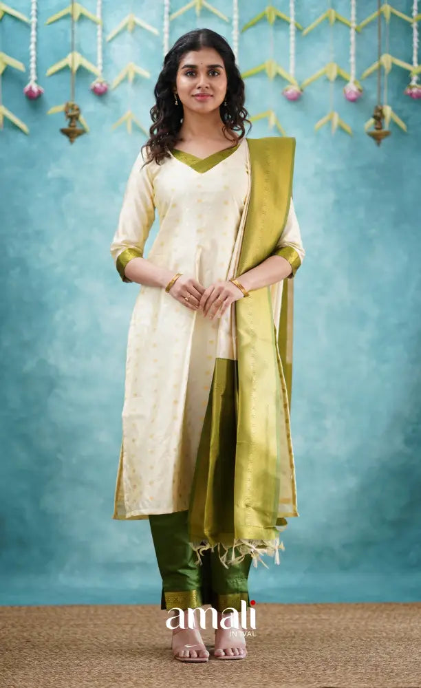Sanvi - Cream and Green Blended Silk Salwar salwar