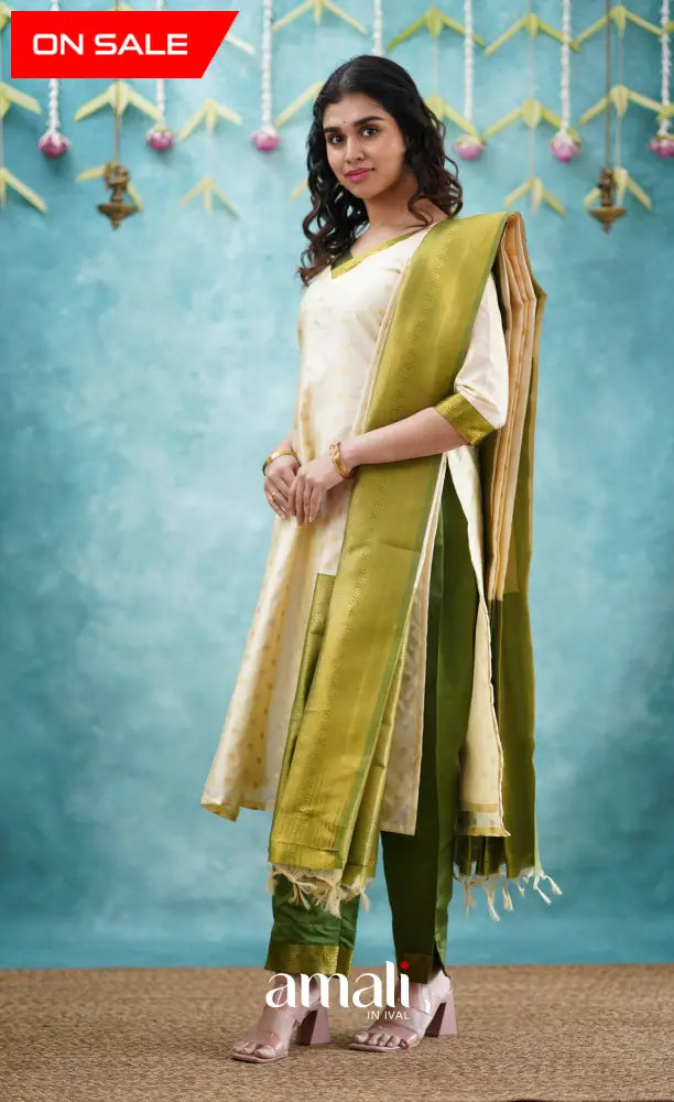 Sanvi - Cream and Green Blended Silk Salwar salwar