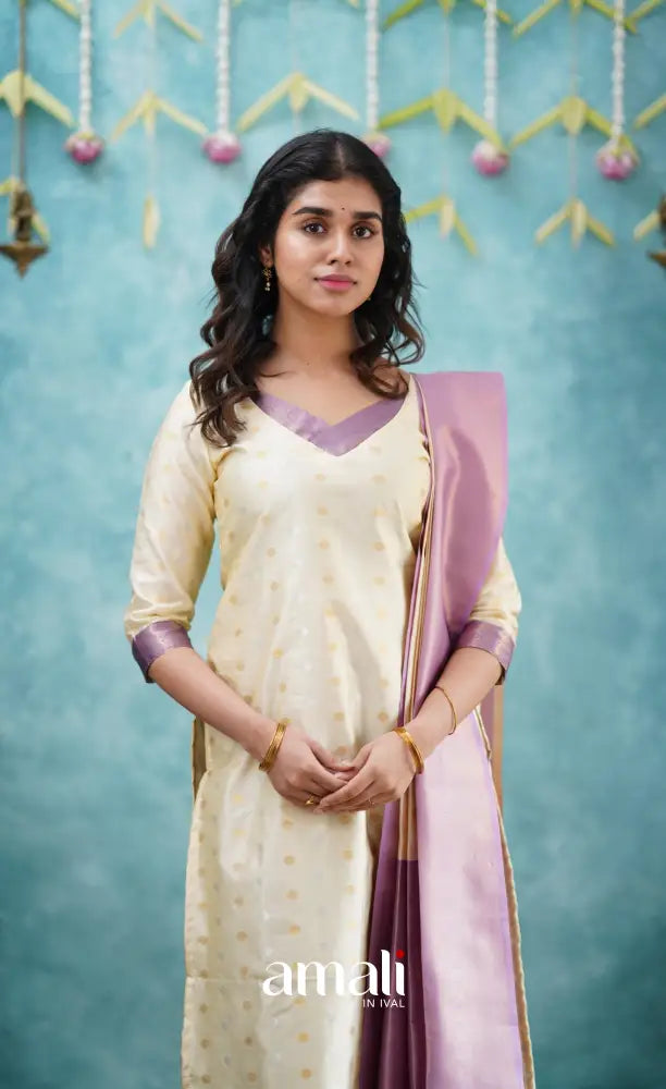 Sanvi - Cream and Lavender Blended Silk Salwar salwar