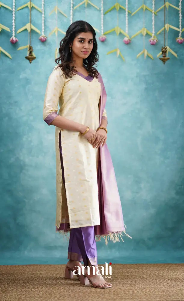 Sanvi - Cream and Lavender Blended Silk Salwar salwar