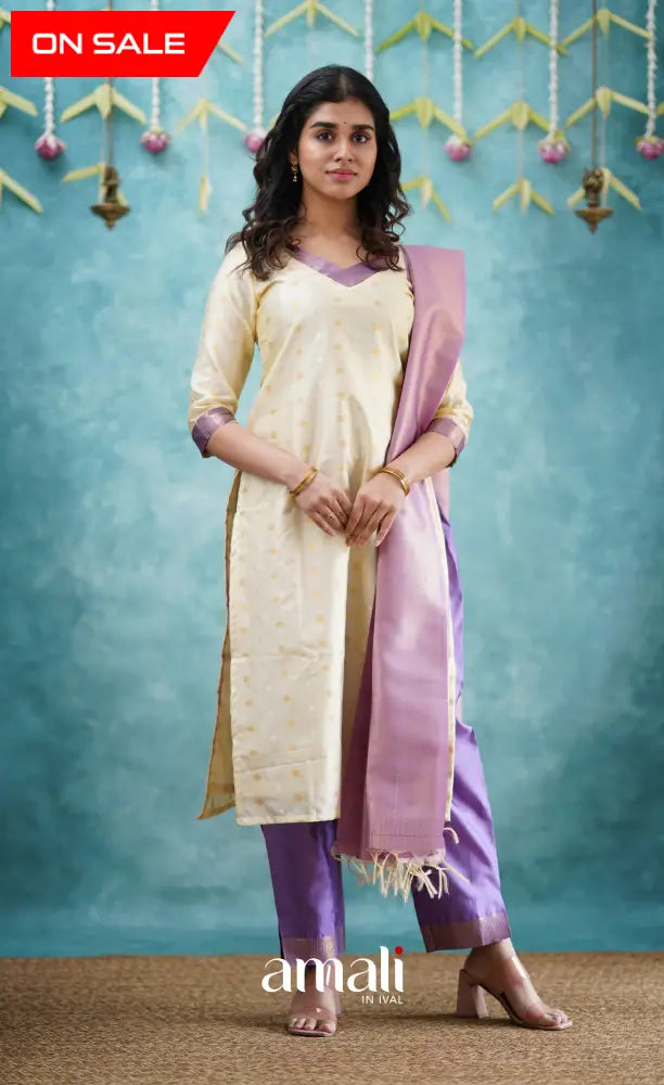 Sanvi - Cream and Lavender Blended Silk Salwar salwar