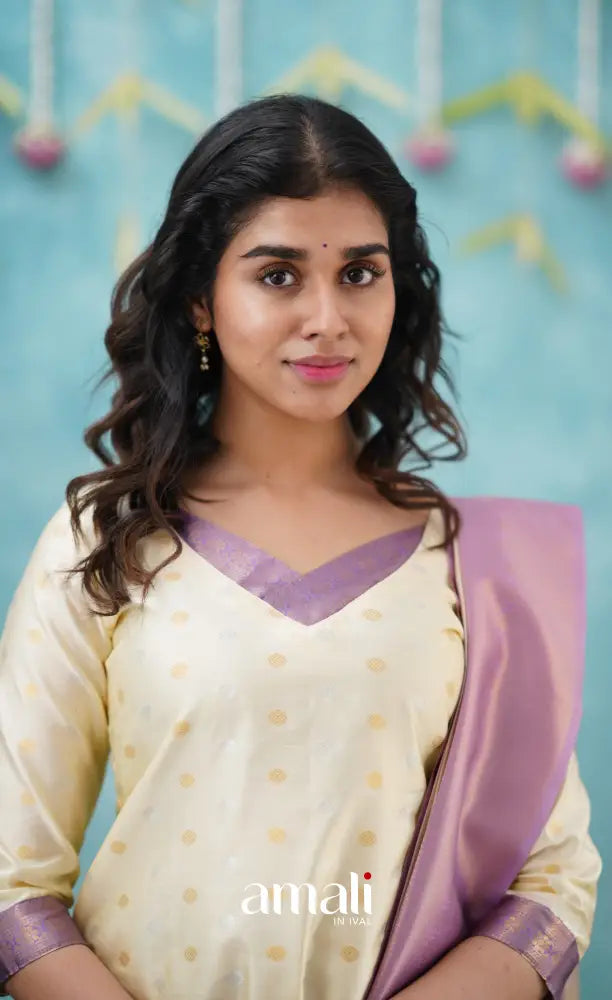 Sanvi - Cream and Lavender Blended Silk Salwar salwar