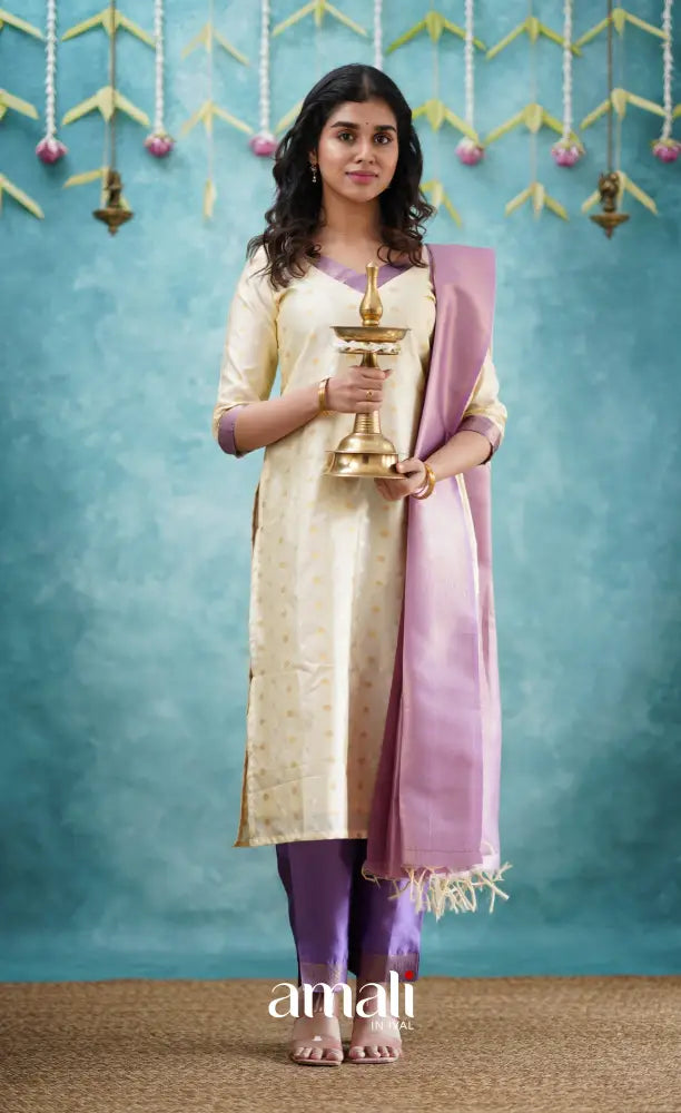 Sanvi - Cream and Lavender Blended Silk Salwar salwar