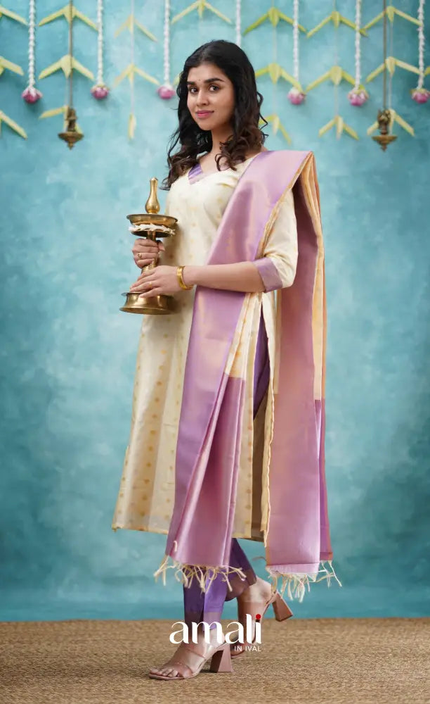 Sanvi - Cream and Lavender Blended Silk Salwar salwar