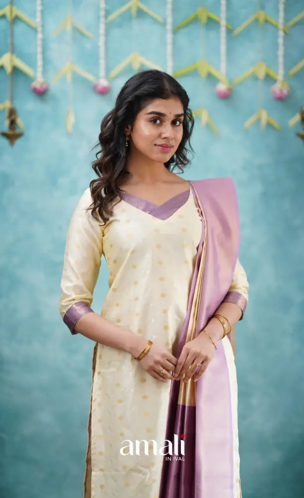 Sanvi - Cream and Lavender Blended Silk Salwar salwar