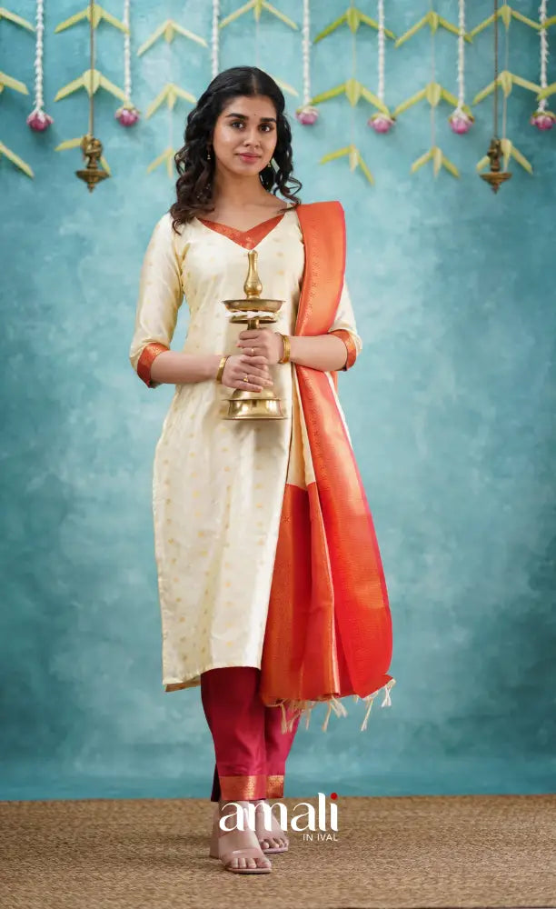 Sanvi - Cream and Red Blended Silk Salwar salwar