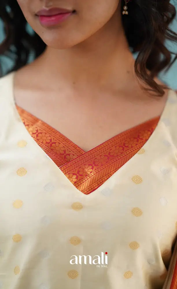 Sanvi - Cream and Red Blended Silk Salwar salwar