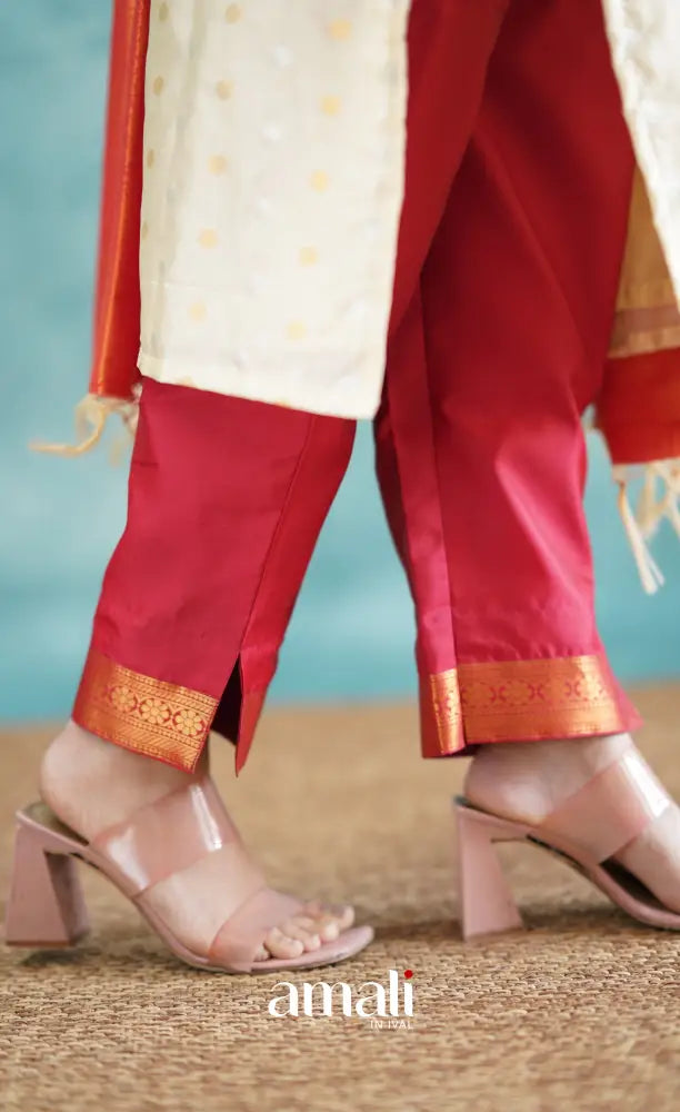 Sanvi - Cream and Red Blended Silk Salwar salwar