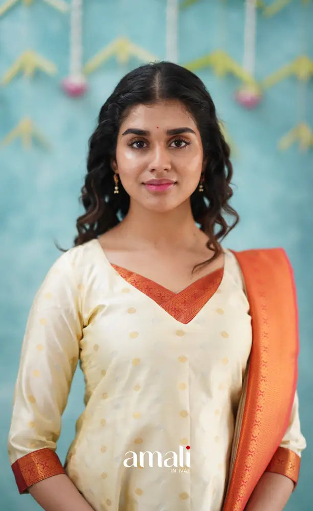 Sanvi - Cream and Red Blended Silk Salwar salwar