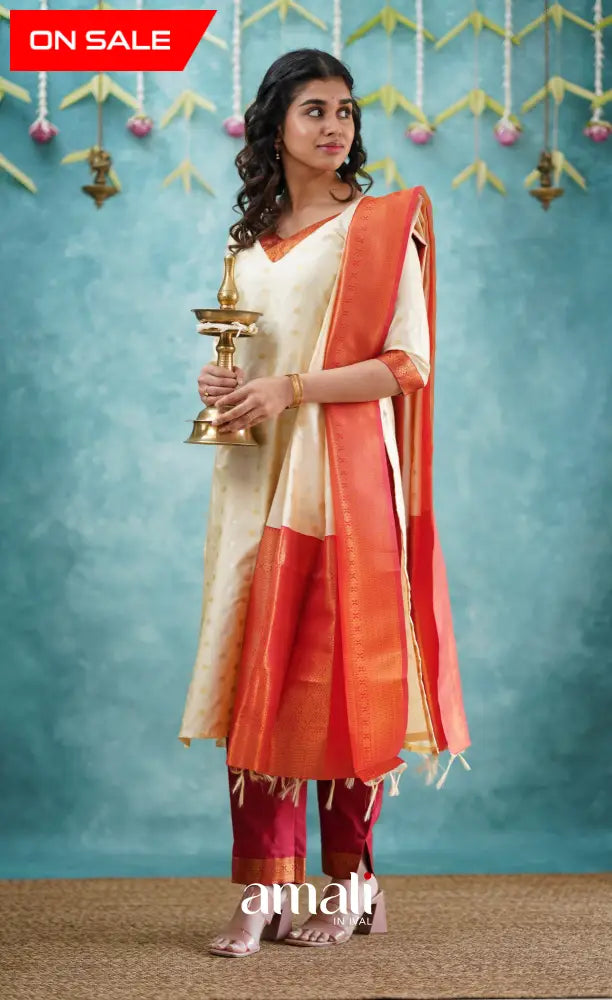 Sanvi - Cream and Red Blended Silk Salwar salwar