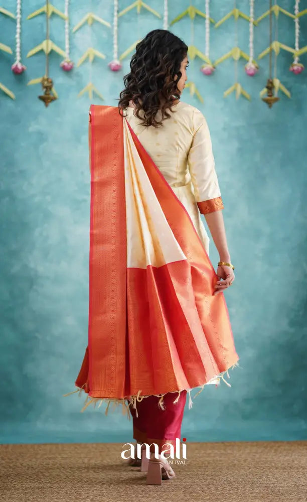 Sanvi - Cream and Red Blended Silk Salwar salwar