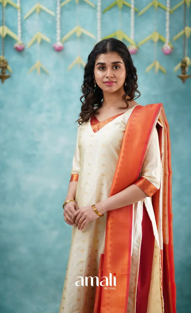Sanvi - Cream and Red Blended Silk Salwar salwar