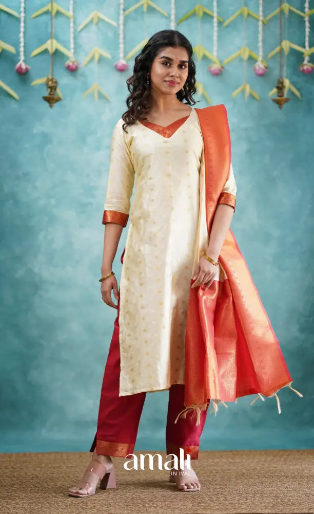 Sanvi - Cream and Red Blended Silk Salwar salwar