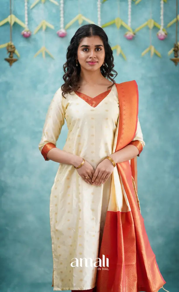Sanvi - Cream and Red Blended Silk Salwar salwar