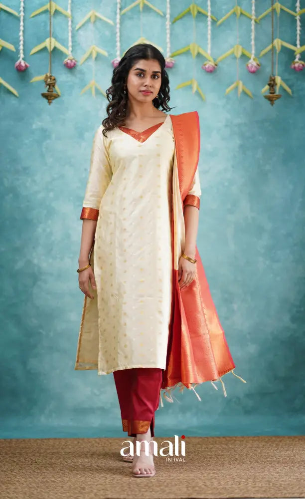 Sanvi - Cream and Red Blended Silk Salwar salwar