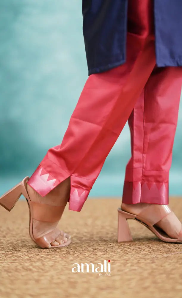 Sanvi - Dark Blue and Red Semi Kanchipuram Silk Salwar salwar