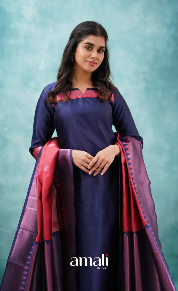Sanvi - Dark Blue and Red Semi Kanchipuram Silk Salwar salwar