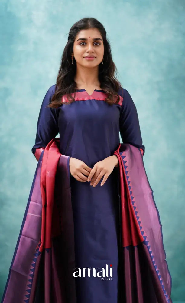 Sanvi - Dark Blue and Red Semi Kanchipuram Silk Salwar salwar
