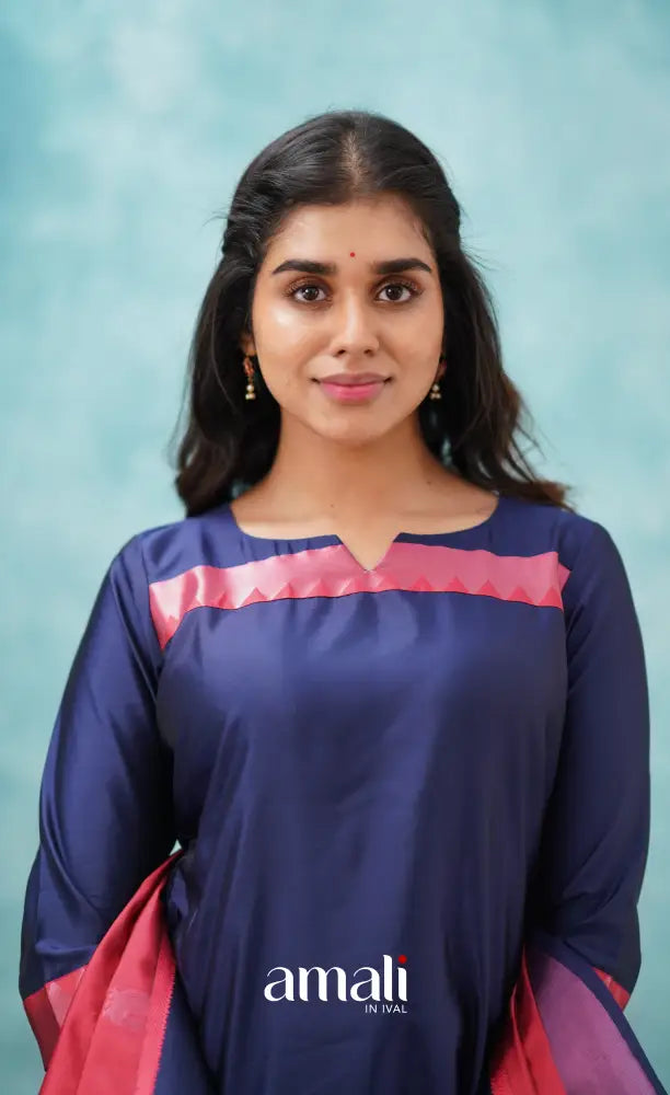 Sanvi - Dark Blue and Red Semi Kanchipuram Silk Salwar salwar