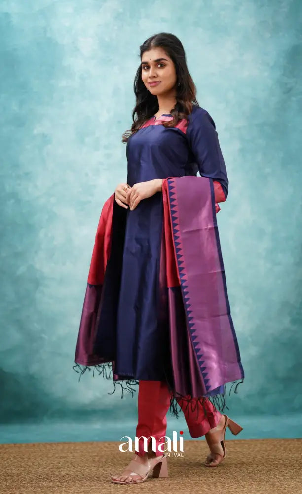Sanvi - Dark Blue and Red Semi Kanchipuram Silk Salwar salwar