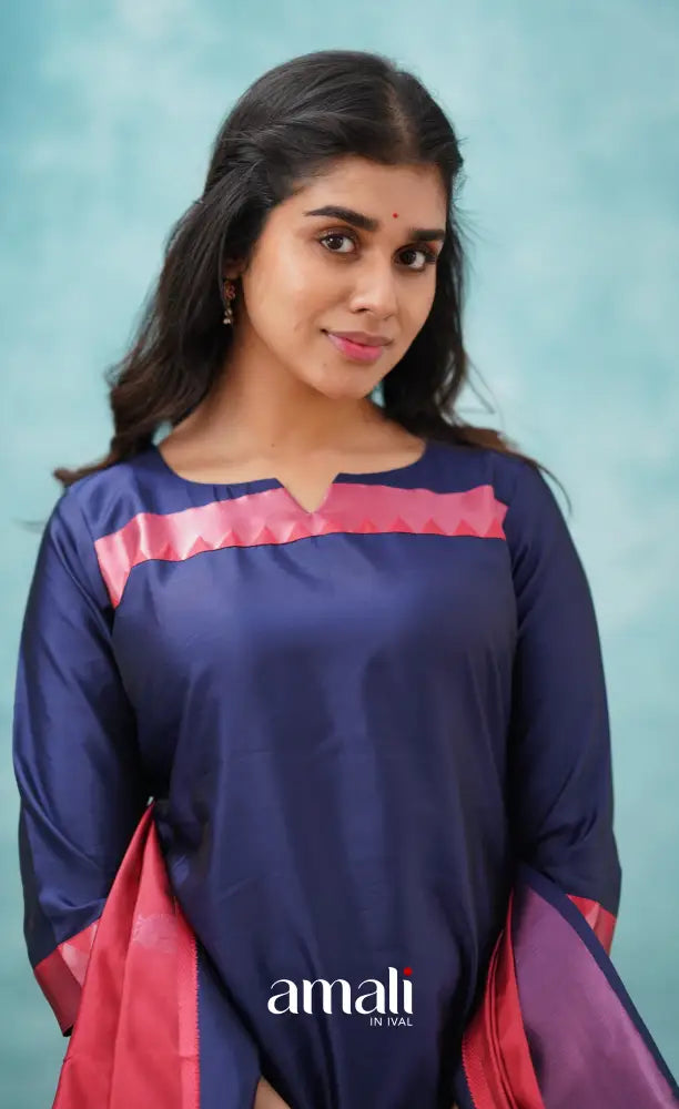 Sanvi - Dark Blue and Red Semi Kanchipuram Silk Salwar salwar