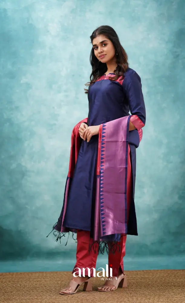 Sanvi - Dark Blue and Red Semi Kanchipuram Silk Salwar salwar