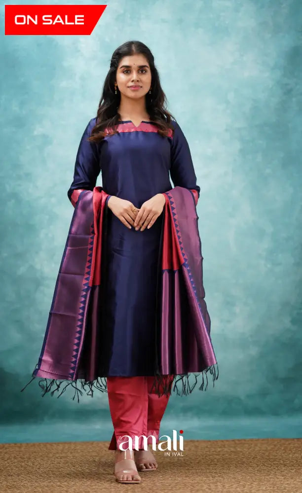 Sanvi - Dark Blue and Red Semi Kanchipuram Silk Salwar salwar
