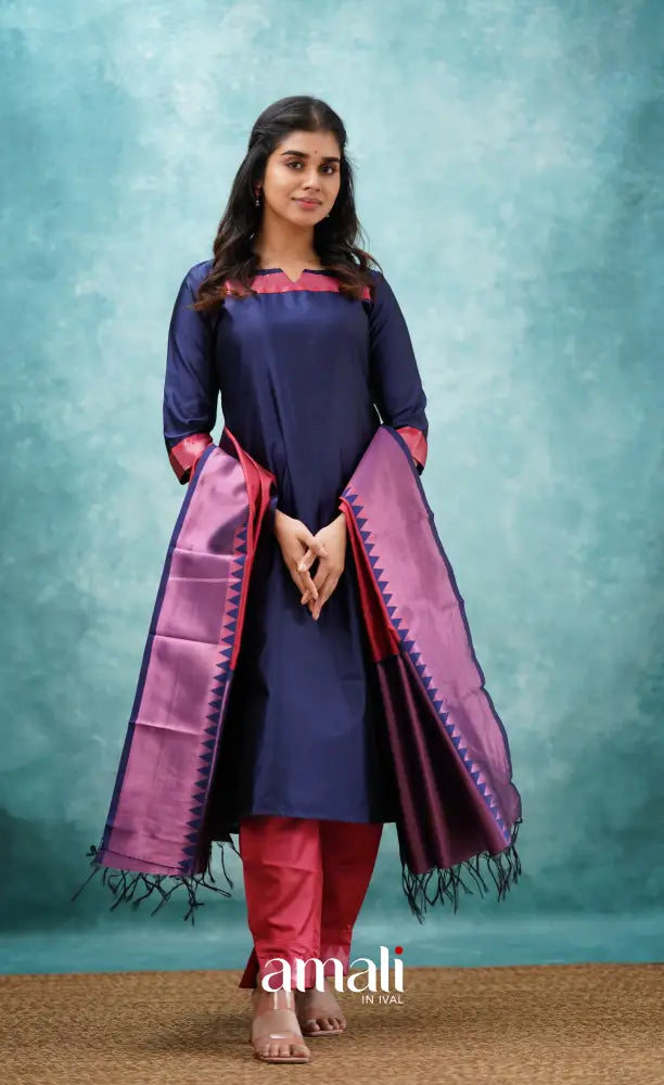 Sanvi - Dark Blue and Red Semi Kanchipuram Silk Salwar salwar