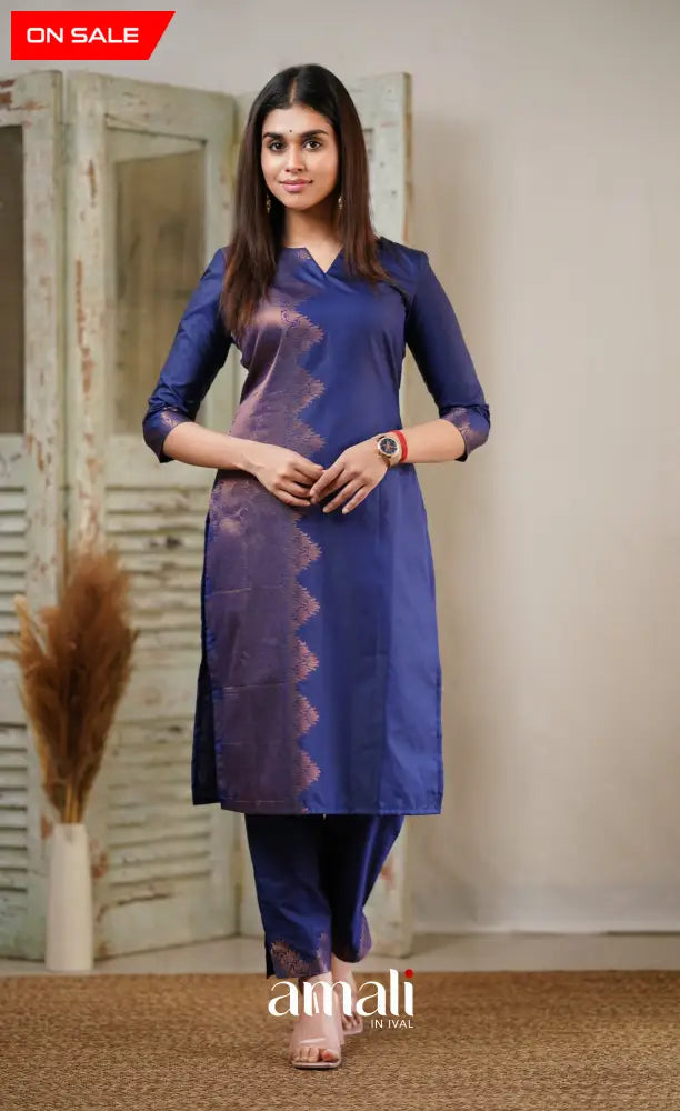 Sanvi - Dark Blue Unstitched Semi Kanchipuram Silk Salwar salwar