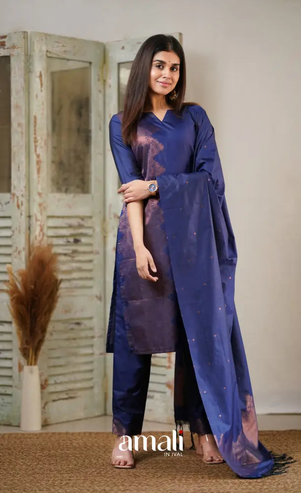 Sanvi - Dark Blue Unstitched Semi Kanchipuram Silk Salwar salwar