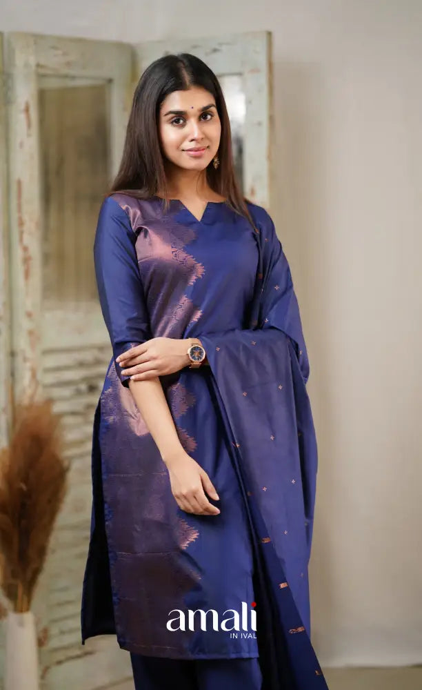 Sanvi - Dark Blue Unstitched Semi Kanchipuram Silk Salwar salwar